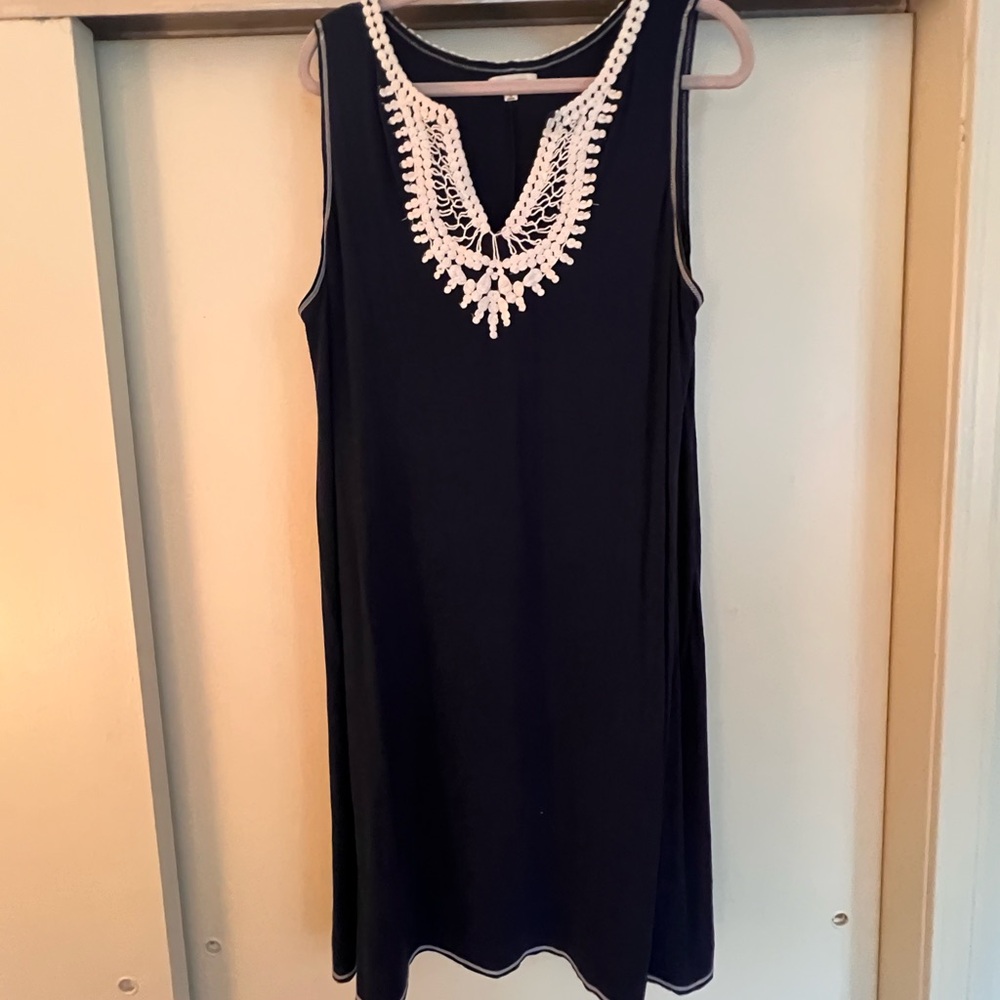 Max Studio Navy Dress with White Lace Detail